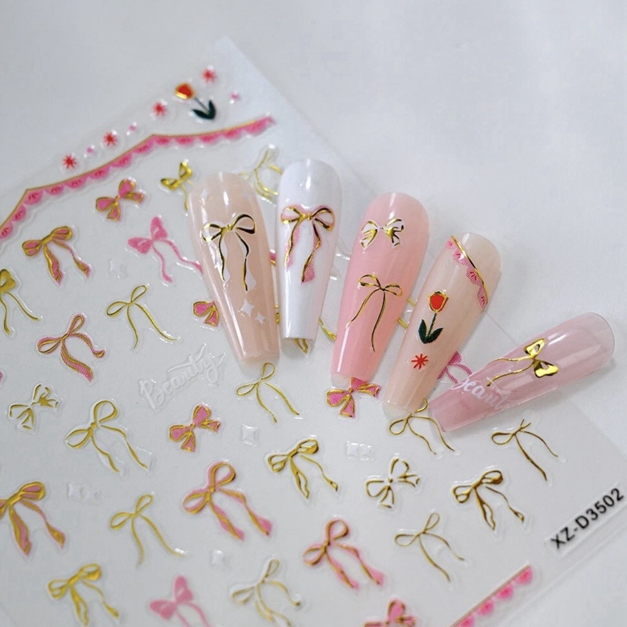 2sets Pink & Black Bow Nail Stickers 3D Coquette Ribbon Decals Y2K Nail Art DIY