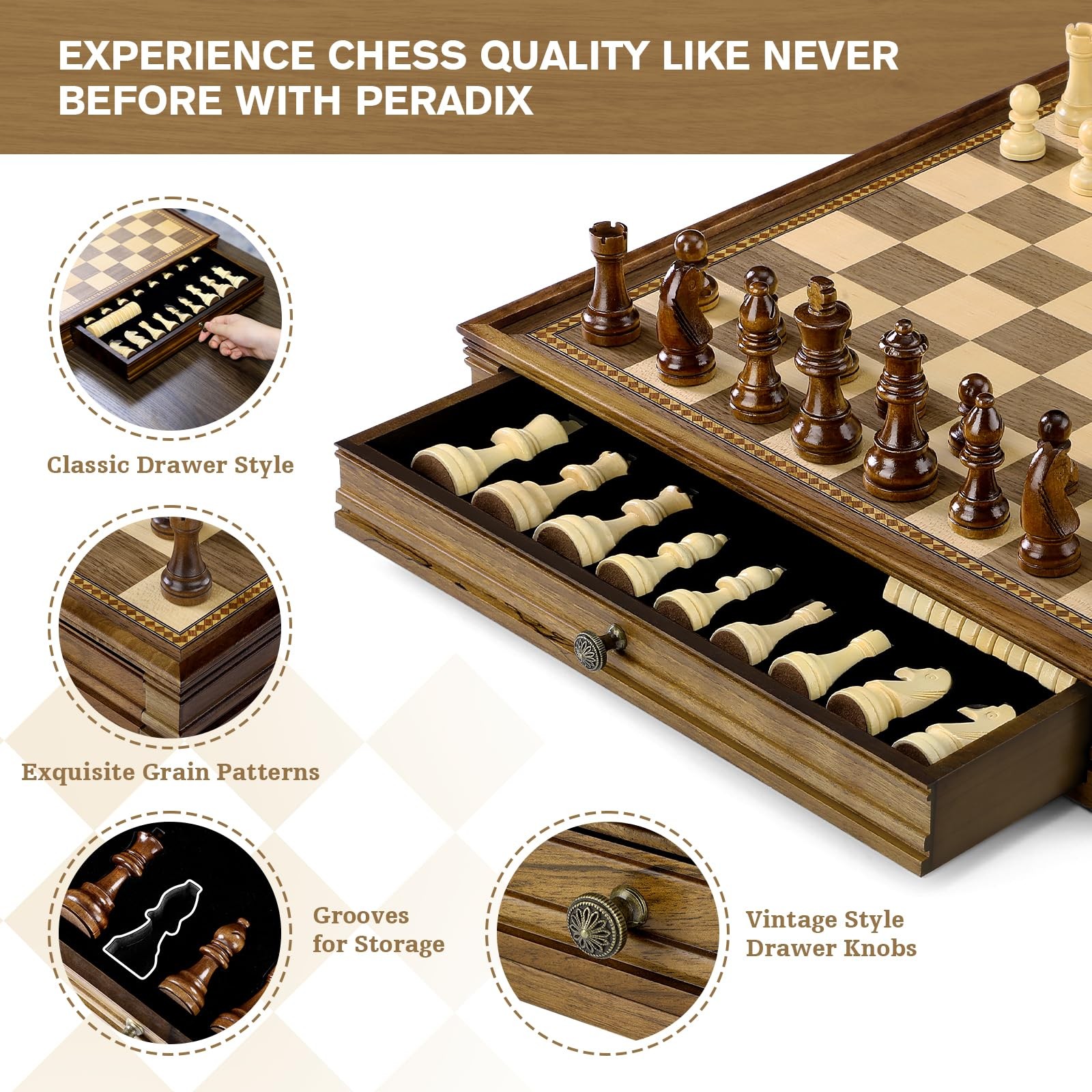 Peradix Magnetic Chess Checkers 32 cm x 32 x 5.2 cm, Walnut Color 12.8″