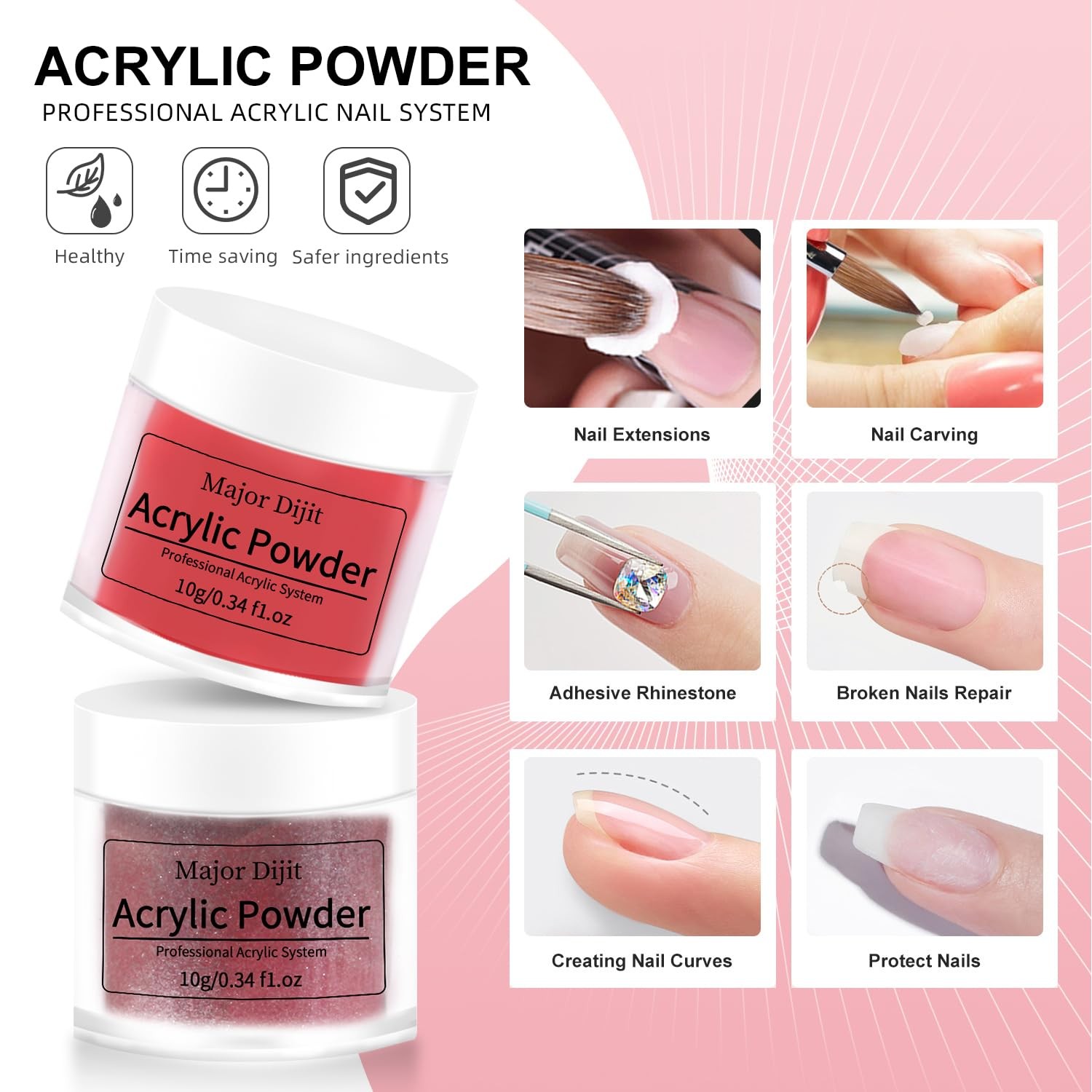 Major Dijit Complete Acrylic Nail Starter Kit with LED Lamp, 12 Colors Powder Ac