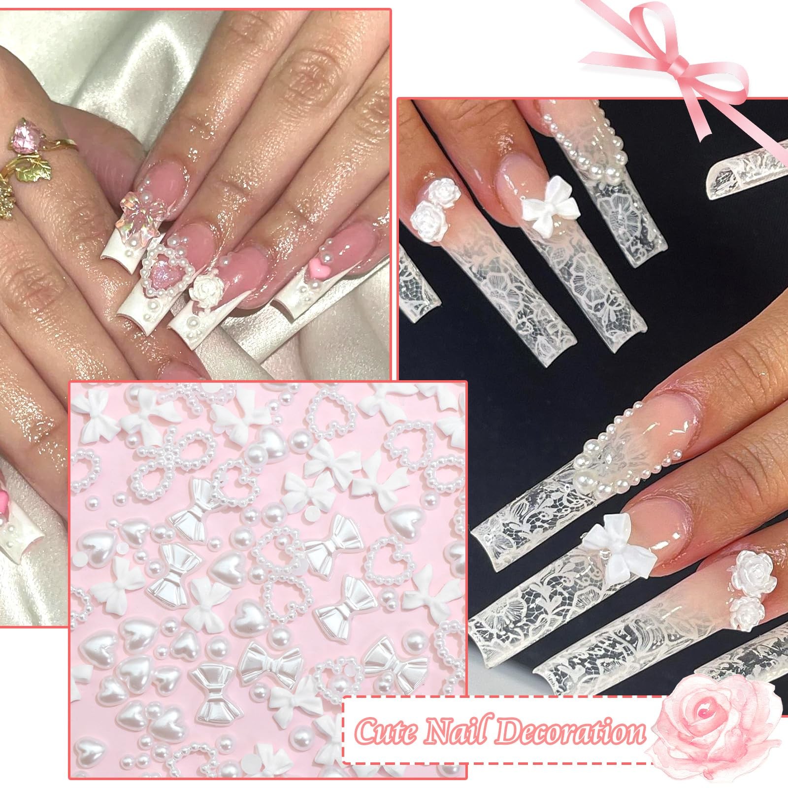 RODAKY Bow Nail Charms White Heart Charms for Nail 3D Bowknot Nail Art Stud Flat