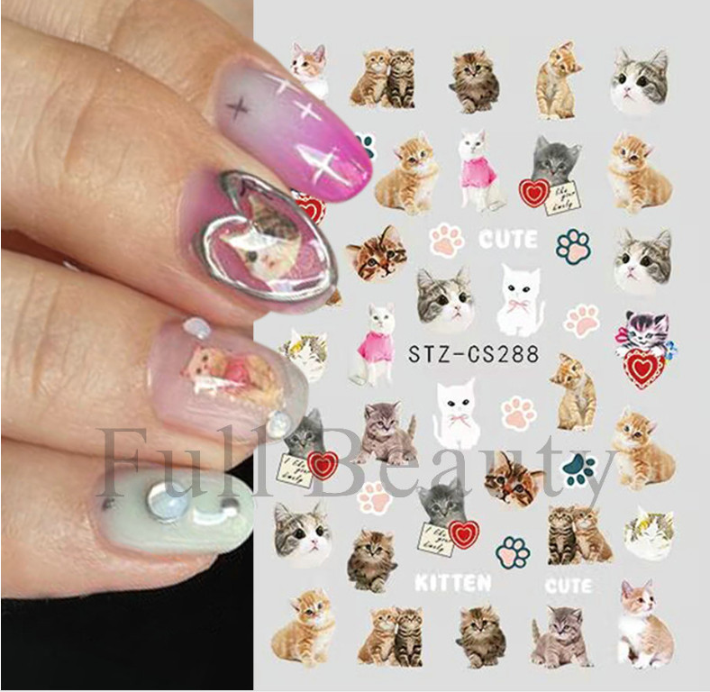 3 Sheets Cat Kitten Footprint Nail Stickers 3D Self-Adhesive Cartoon Animal NS2