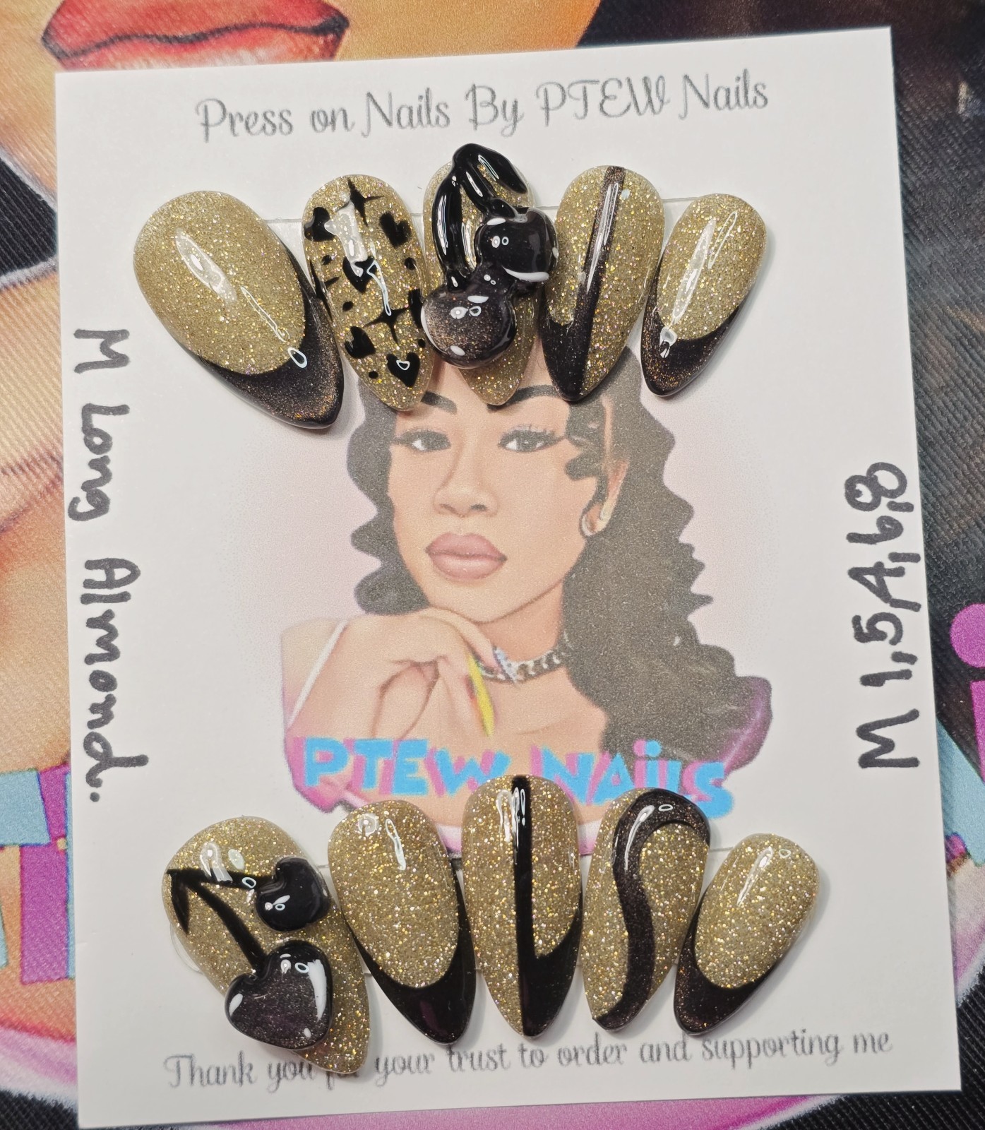 Handmade Gel Press On Nails,Gold BlackNails,Medium Size 1,5,4,6,8 M Long Almond