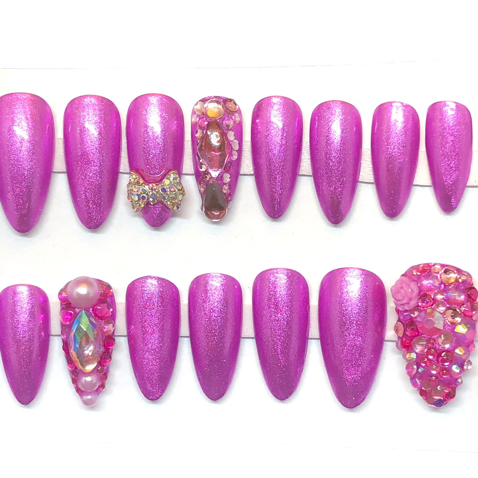 Handmade UV Gel Press On Nails Medium Length Almond Shape Pink Metallic & Bling