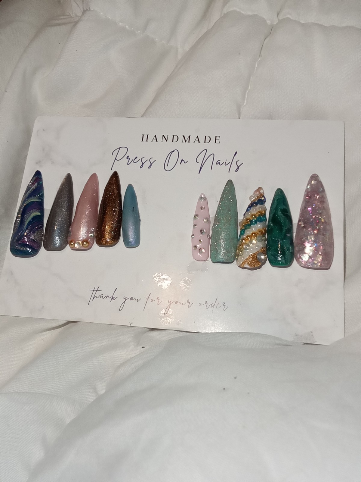 Press On Nails Handmade Medium Stiletto Cool Colors with Glue Included 10 PCS US