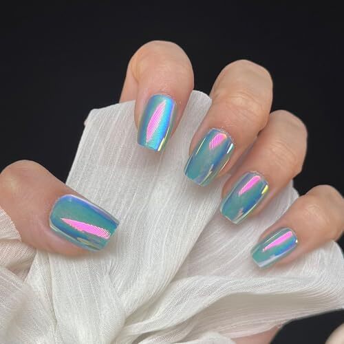 Blue Chrome Press on Nails Short Square Fake Nails 1 Fl Oz (Pack of 24) Style1