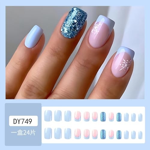 White Snowflake Fake Nails Winter Xmas Press on Nails Blue Christmas Design 467