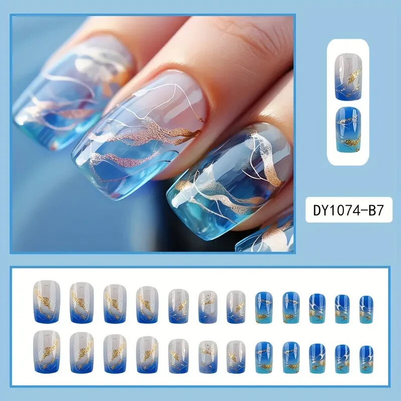 48 Pcs 2 Boxes Short Blue Gradient Press-On Nails Gold Metallic Marble Waves NIB