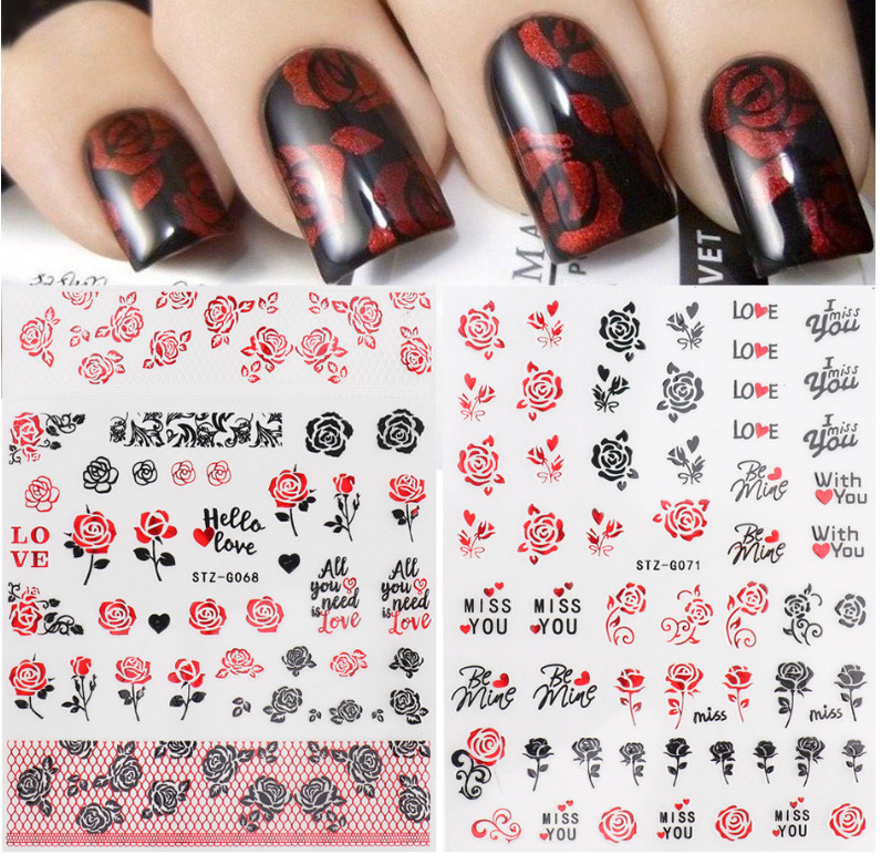 3D Nail Art Stickers Red Black Rose Flower Lace Heart Kiss Valentine Bride NH23