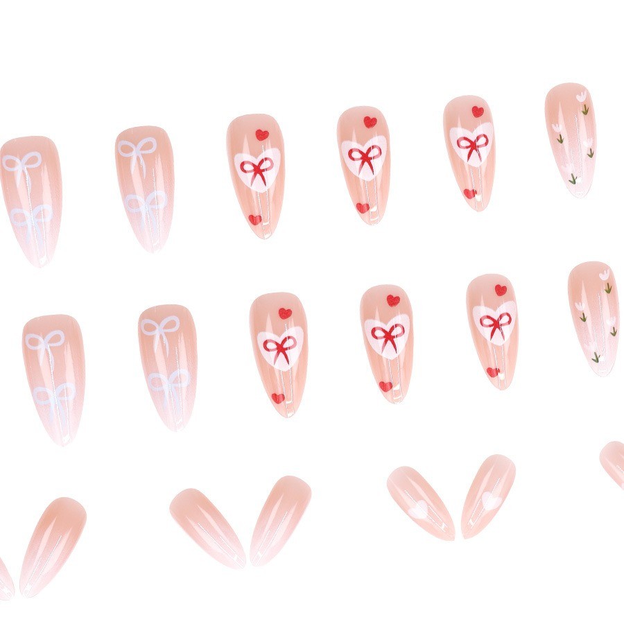 48 Pcs Bow Heart Press on Nails, Medium Almond Pink Gradient Cute Fake Nails