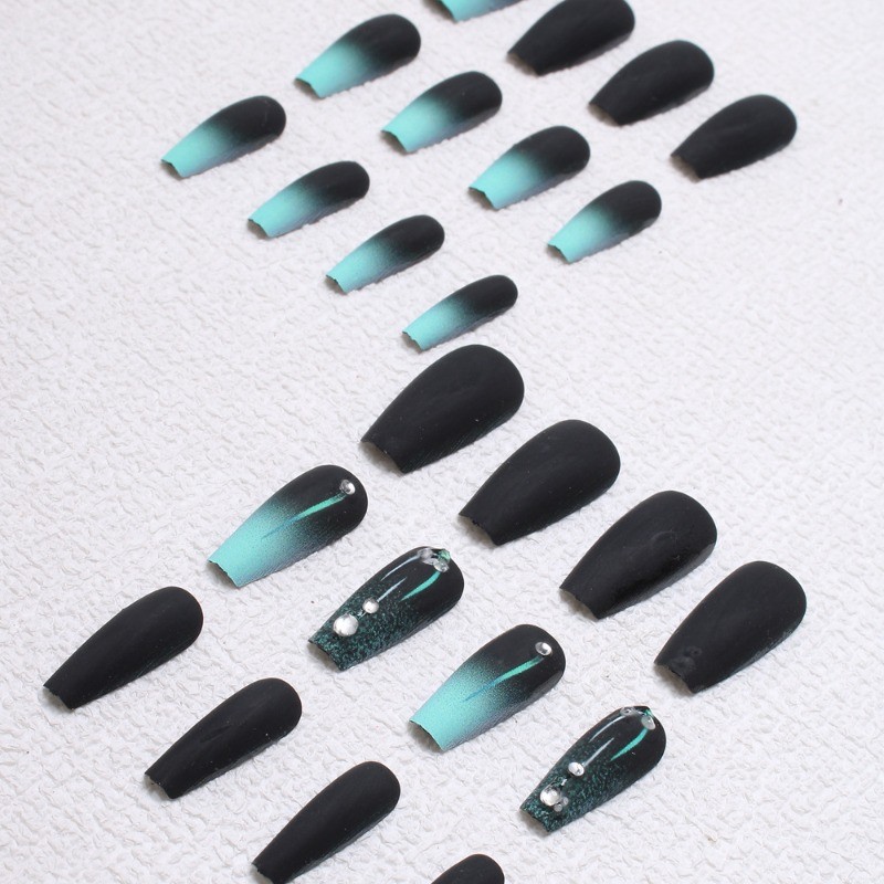 48pcs-Black & Mint Green Press on Nails, Coffin Ombre with Rhinestone Details