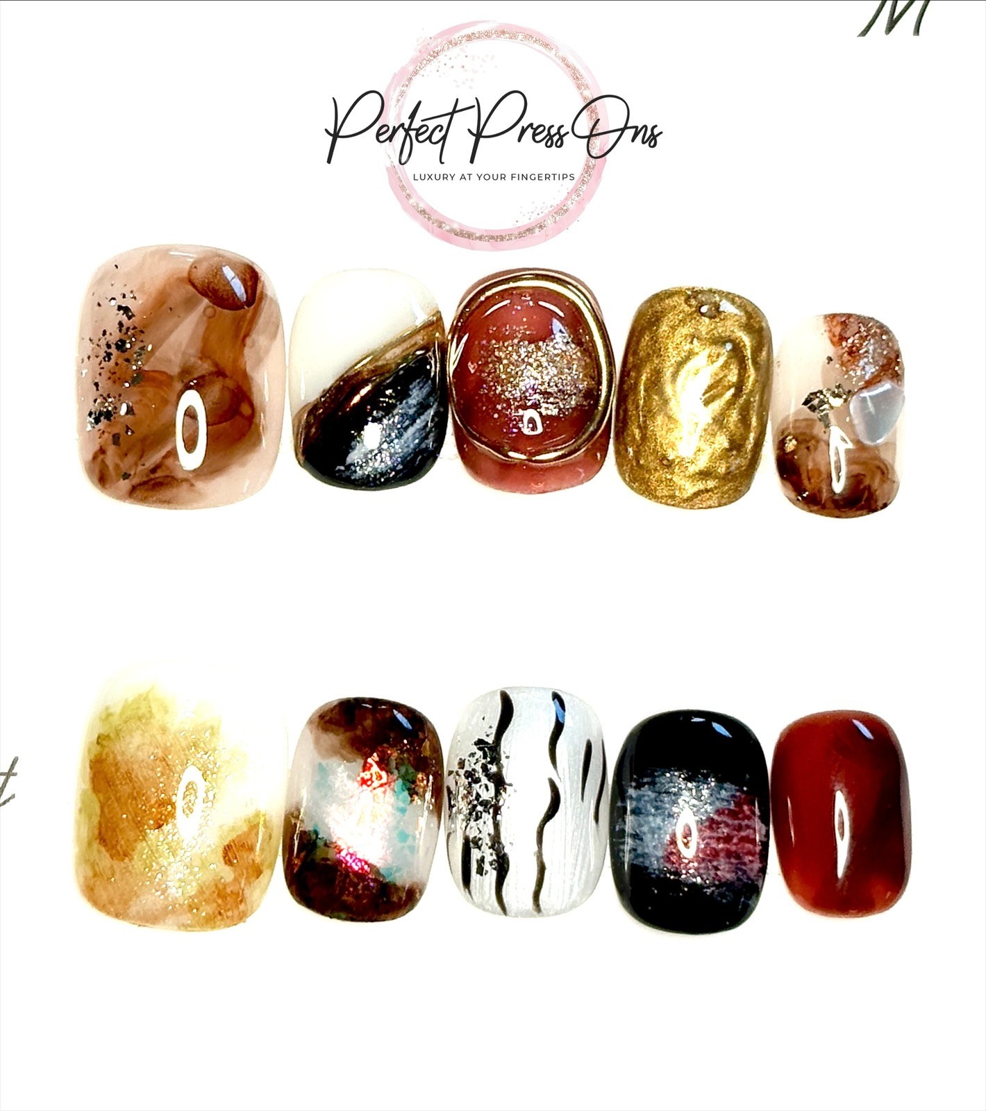 Abstract Amber Press On Nails Medium Tortoiseshell Foil Agate Marble Goth 10pc