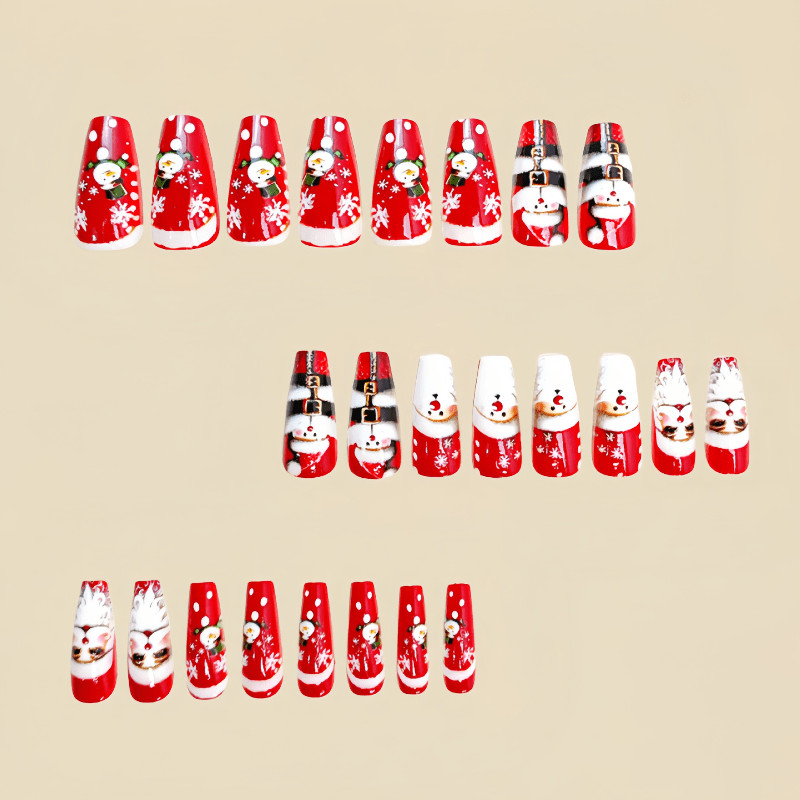 48P Long Coffin Press on Nails, Vintage Red 3D Santa Snowman Fake Nails