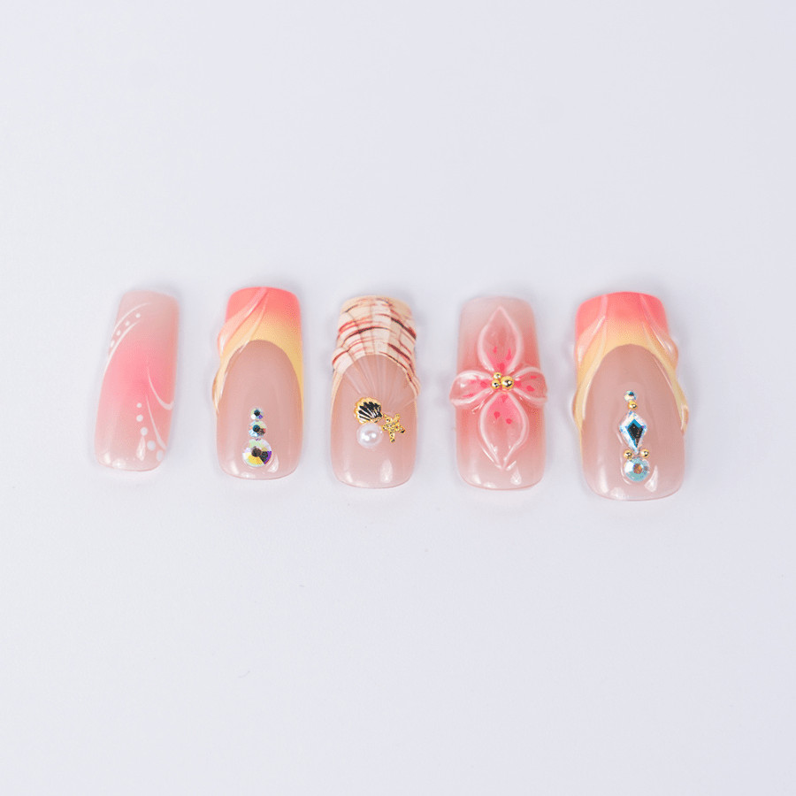 10pcs Short Square Press on Nails, Peach Gradient 3D Flower Crystal Nails