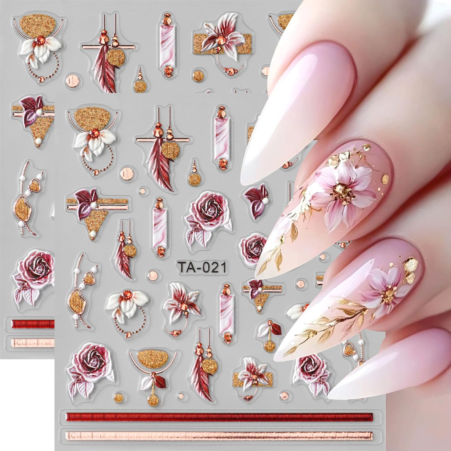 2Sheets 5D Embossed Flower Nail Art Stickers Self-Adhesive Smudge Rose Flowers F