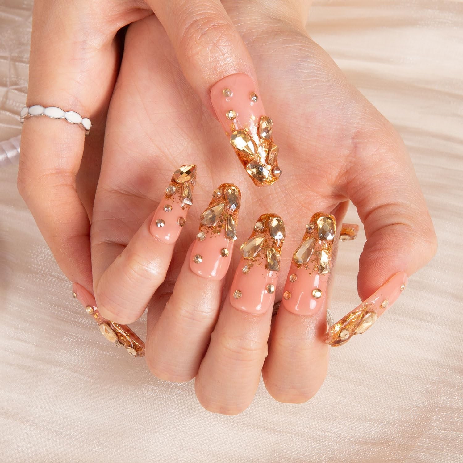 Press on Nails Stardust Gold Rhinestone Coffin Classic 1.3in – Reusable Full