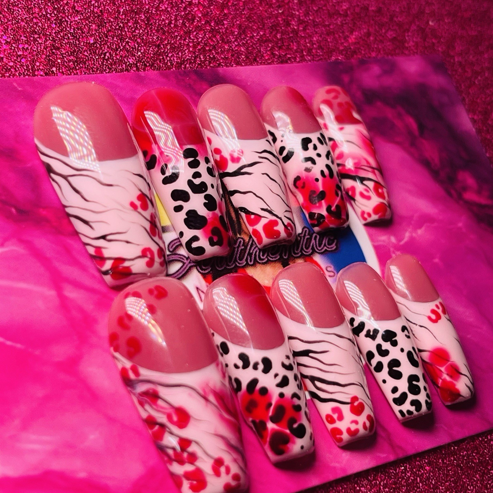 Long Coffin Press-On Nails Pink Red Black White Animal Print Shiny by Dia