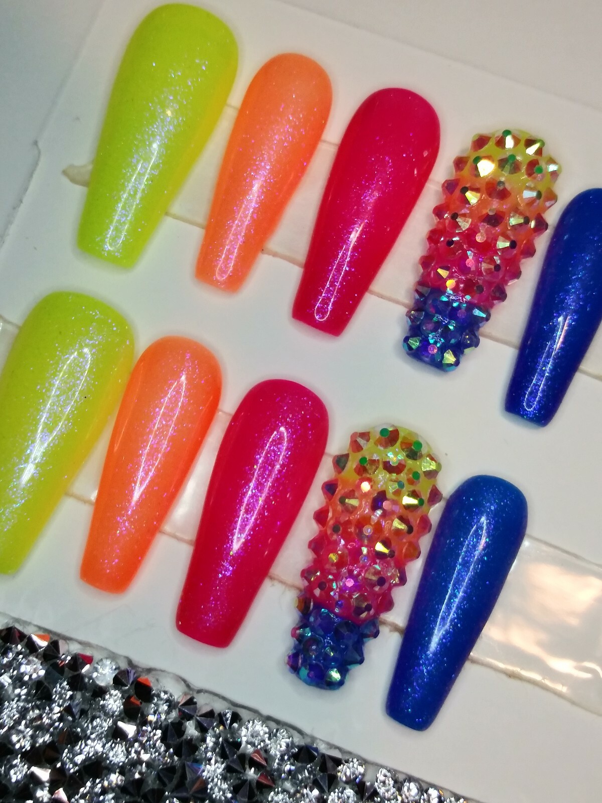 Neon Rainbow ombre bling nails w/ crystals Gel Press On nails long full set