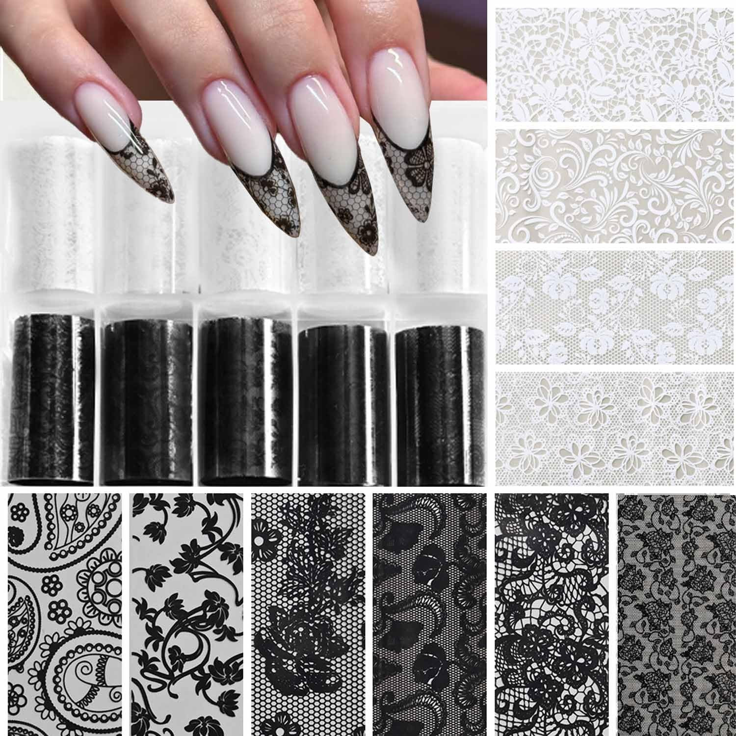 10 Rolls Lace Nail Foil Black White Transfer Stickers for Women | Floral Rose De