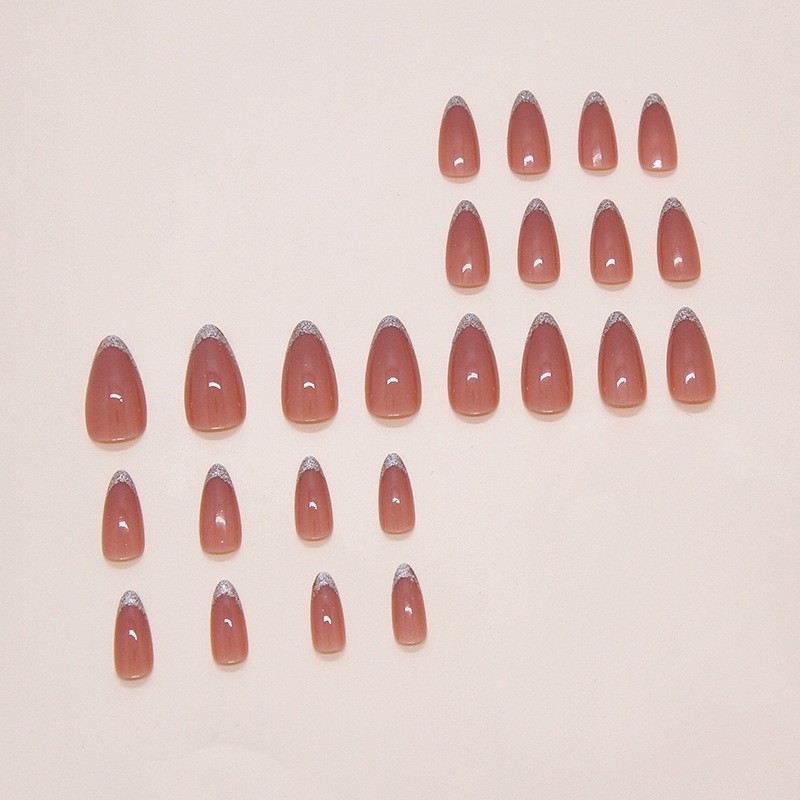 48 Pcs Silver Glitter French Press on Nails, Oval Nude Elegant Glossy Fake Nails