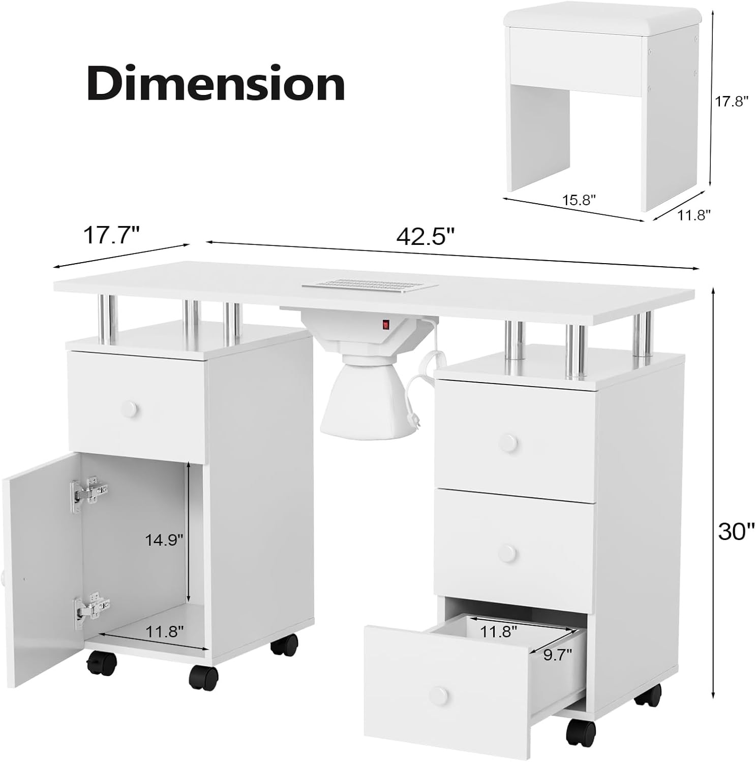 Nail Desk and Chair Set, Manicure Table with Stool, Dust Collector for Beauty