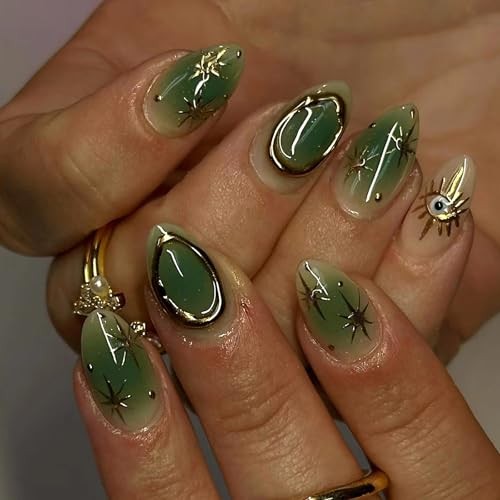 Almond Press on Nails Medium Fake Nails Green Gradient Glue on Nails 4003Green