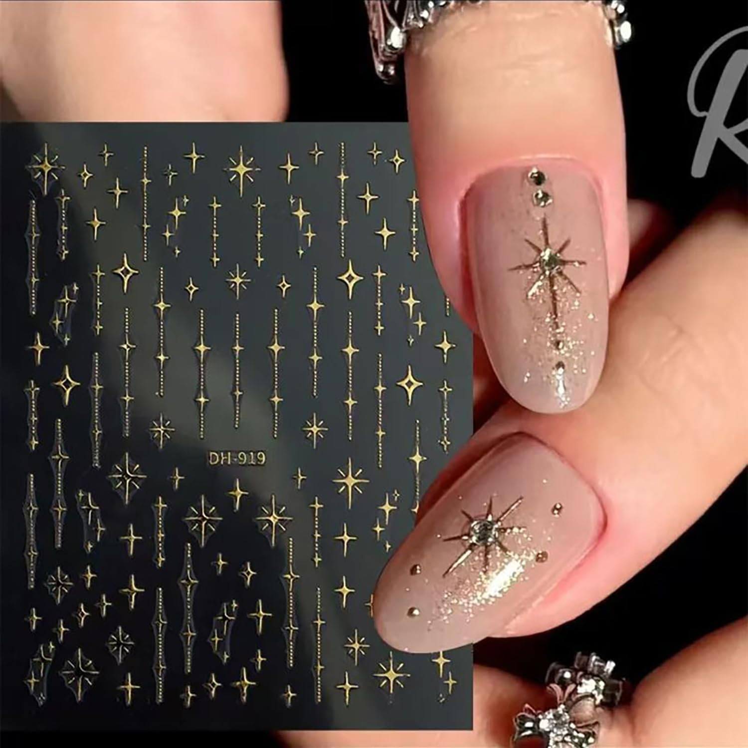 6 Sheets Stars Nail Art Stickers 3D Self -Adhesive Gold Silver White Black Laser
