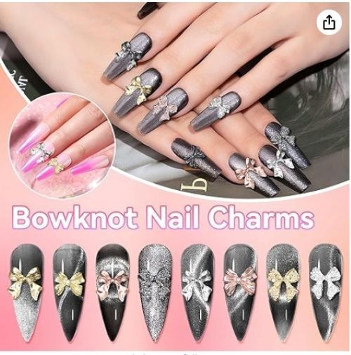60pcs Bow Nail Charms 3D Metal Gems Gold Silver Black Nail Art Set