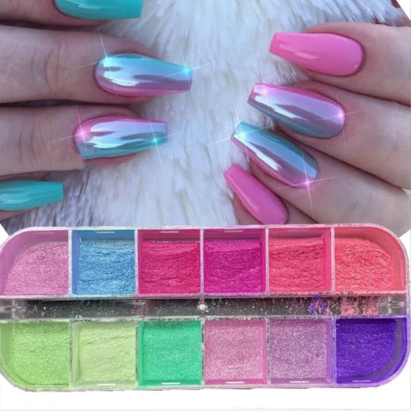 12 Grids Mirror Effect Mermaid Nail Powder Holographic Pearl Chrome Pigment Fine
