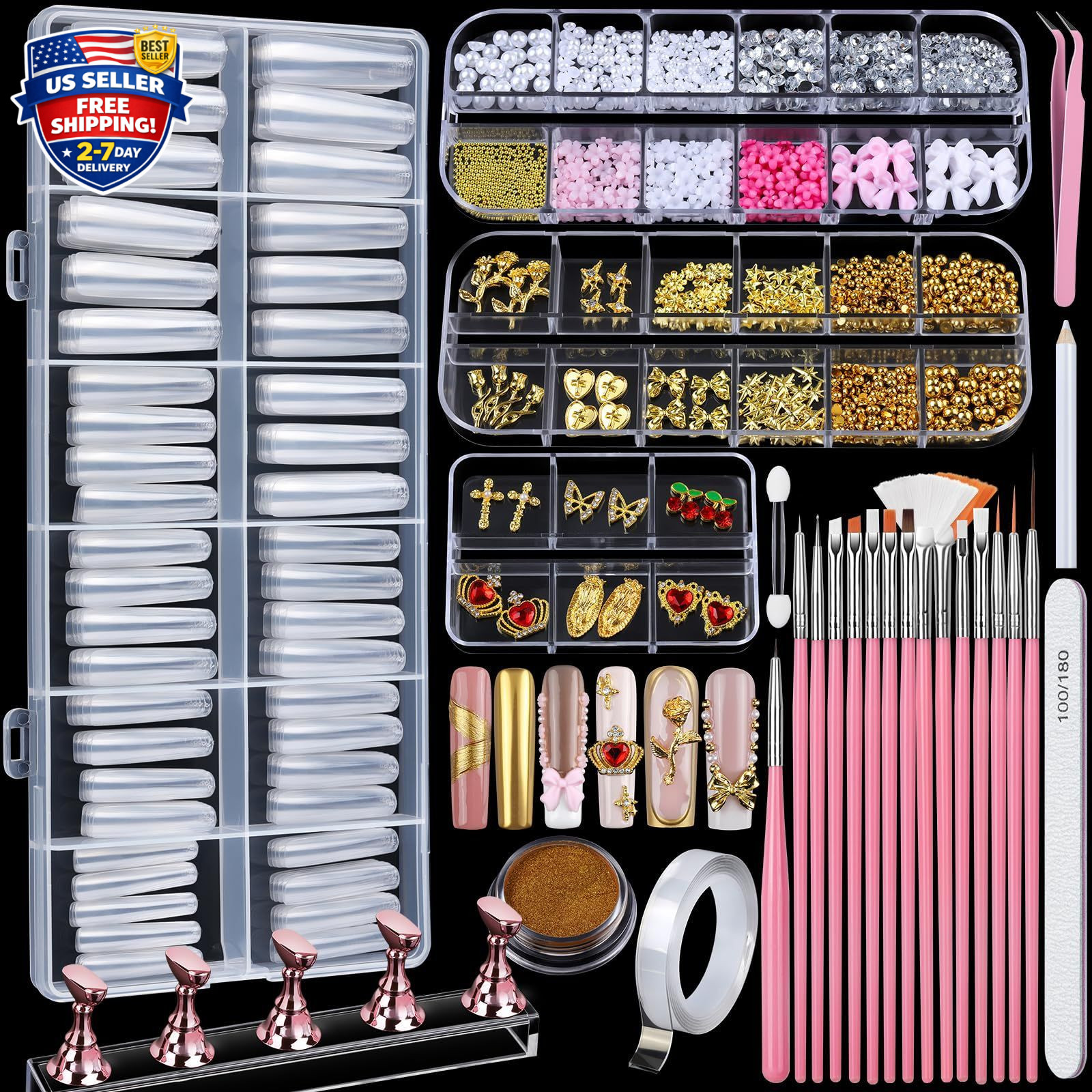 Square Nail Tips with Nail Charms Nail Art Brushes, 240pcs XXL Fake Nails wit