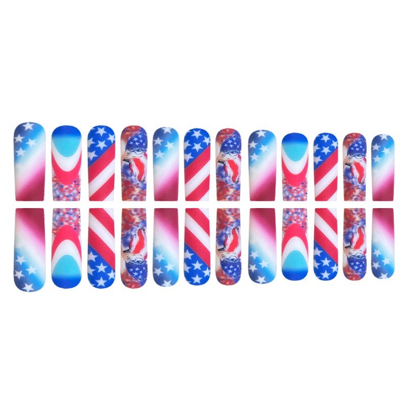 American Flag Press on Nails, Long Coffin Red Blue Gradient Patriotic Fake Nails