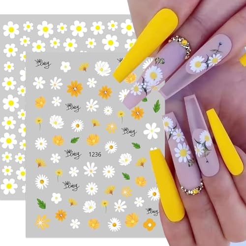 Flower Nail Art Stickers, Floral Daisy Nail Decals 3D Self-Adhesive White Daisy