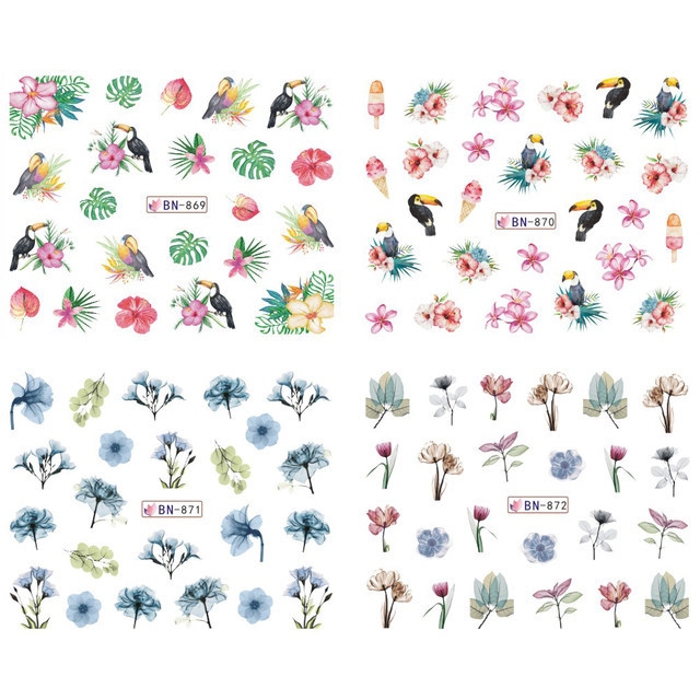 Nail Art Water Transfer Sticker Ink Flower Green Leaves Rose Bird Floral Decals