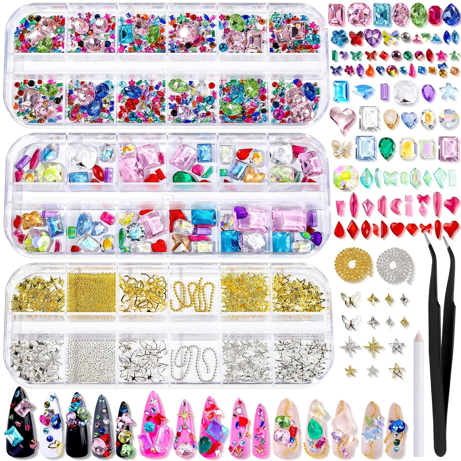 Nail Gems, 3-Box Colorful Nail Rhinestones Nail Charms and Gems, 3D Rainbow Crys