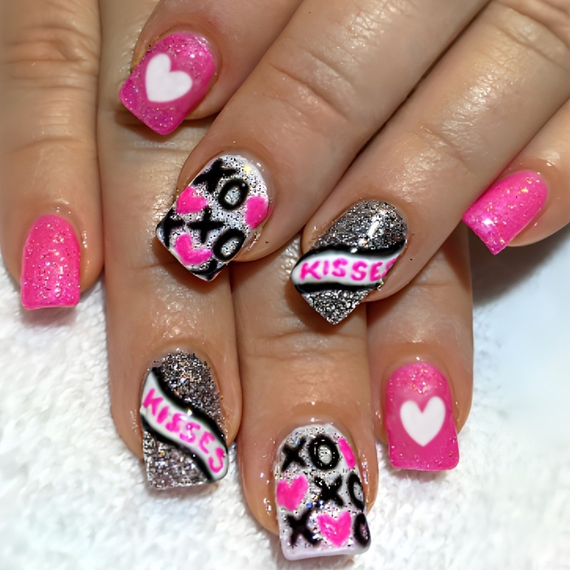 48 Pieces of Short, Sparkling, Wearable Nail Art, Shiny Pink Fake Nail Art