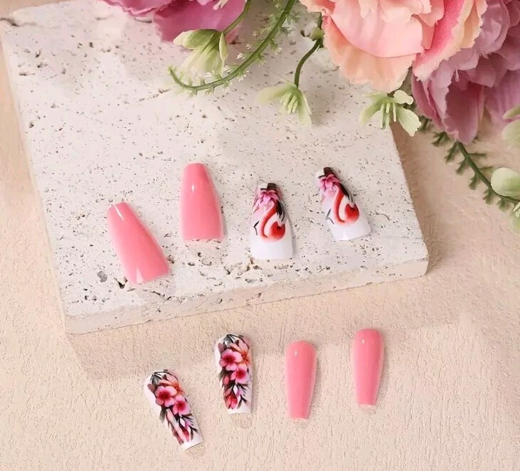 Chic Flamingo & Floral Press-On Nails – Medium Ballet Shape, Glossy Finish 24