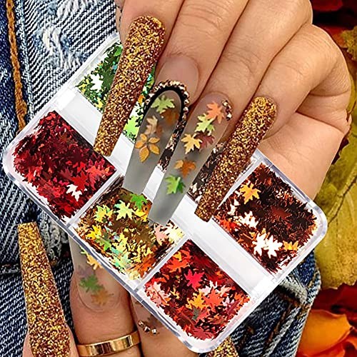 Fall Glitter Nail Sequins Maple Leaf Glitters Flakes 3D Holographic Laser