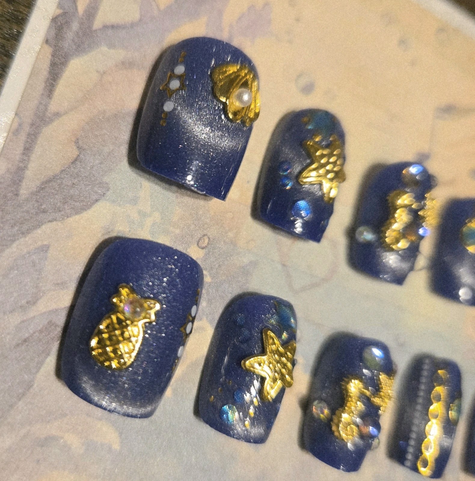 Blue Gold Beach Press On Nails Seahorse Shells Starfish Pearls Bubbles Decorated