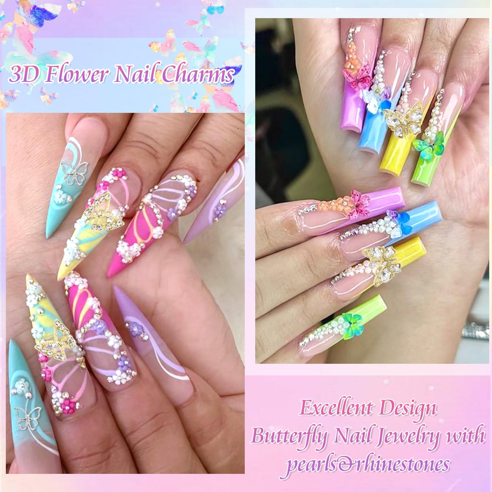 Flower Nail Charms Colorful 3D Flowers for Nails Metal Butterfly Nail Art Cha…
