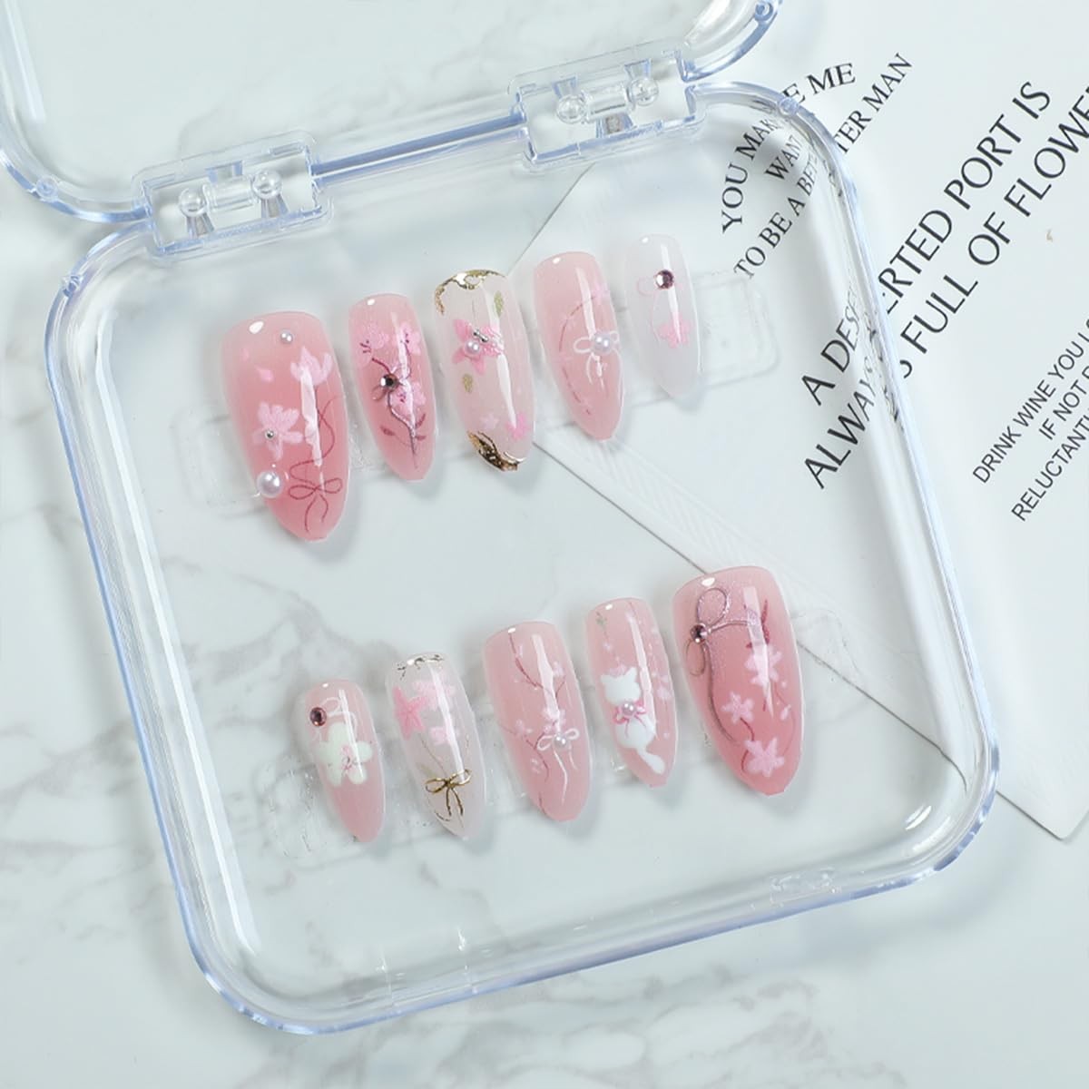 30Pcs Pink Flower Press on Nails Medium Almond 1 Ounce (Pack of 1), color