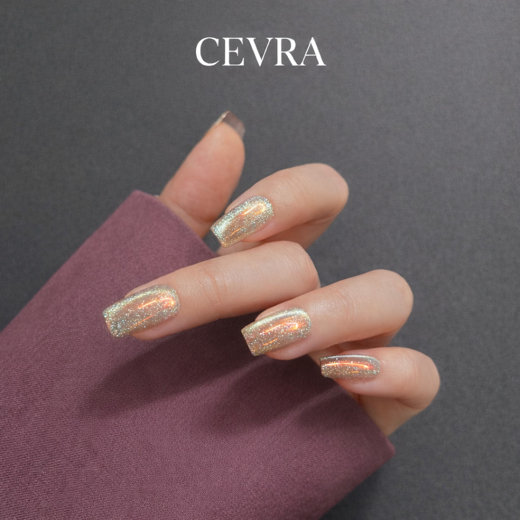 Champagne Cat Eye Press On Nails Glitter Gold Fake Nails Medium Long Coffin