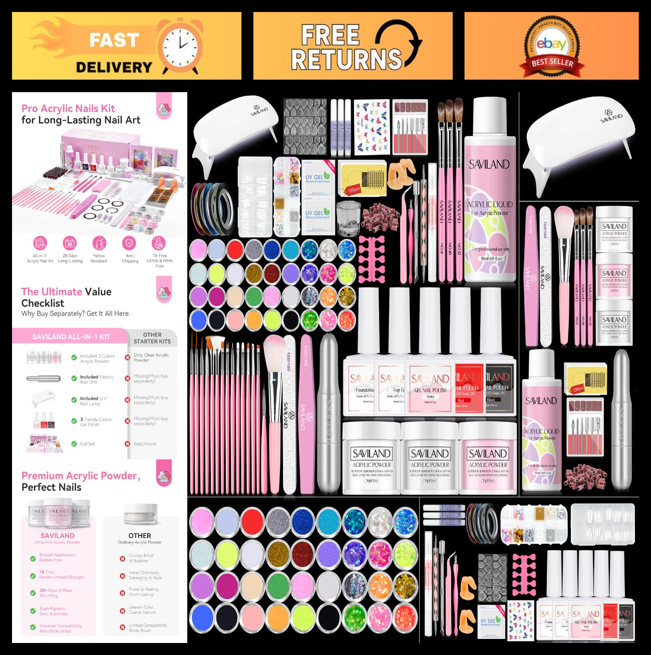 Acrylic Nail Kit with UV Light – HEMA & MMA Free, Nail Drill, 3 Gel Polish Color