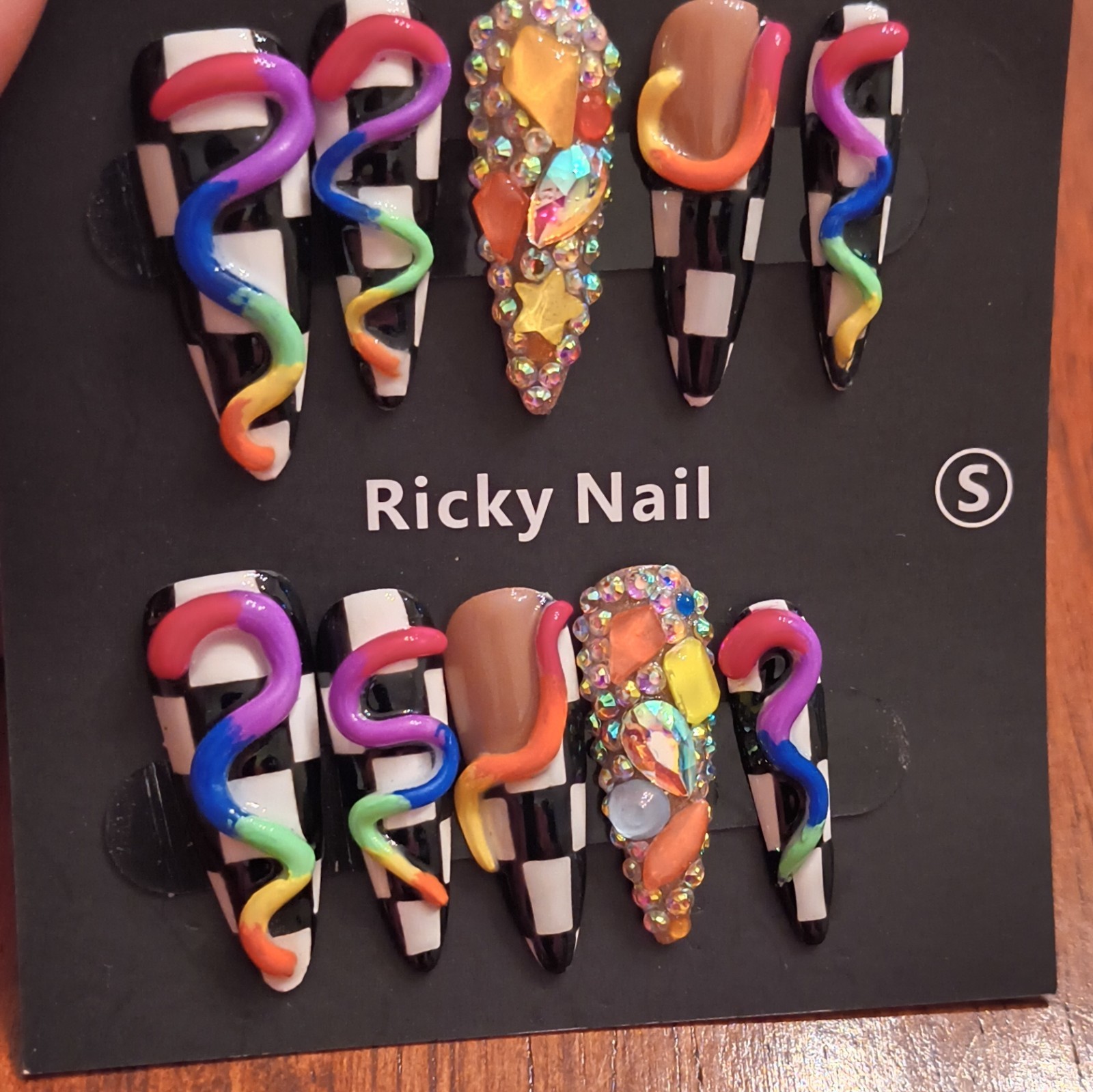 Ricky Nail Press-On Nails Long Stiletto Multicolor 3D Abstract Design Medium