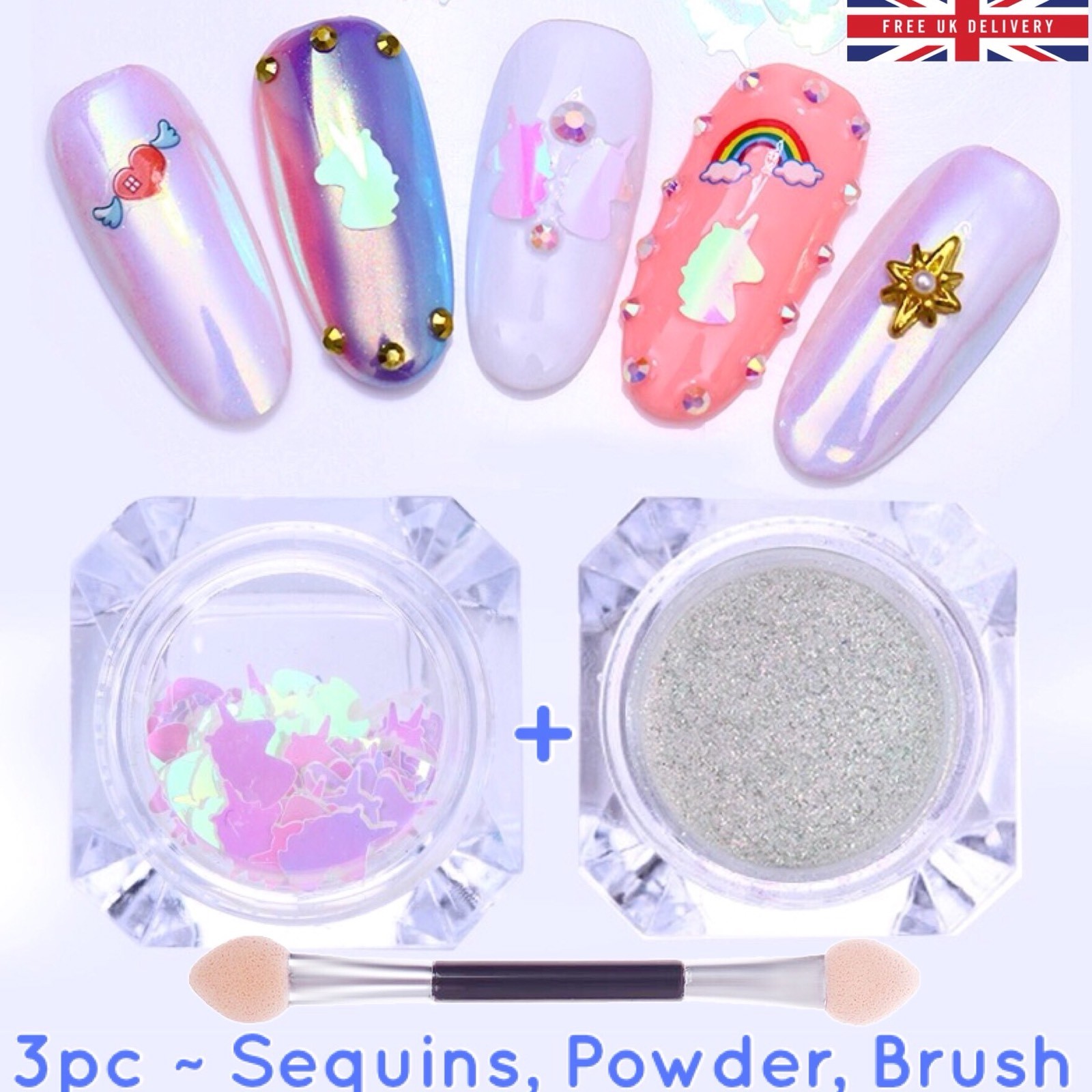 3pcs Aurora Powder and Unicorn Sequins AB Colour Nail Art Glitter Decoration Set