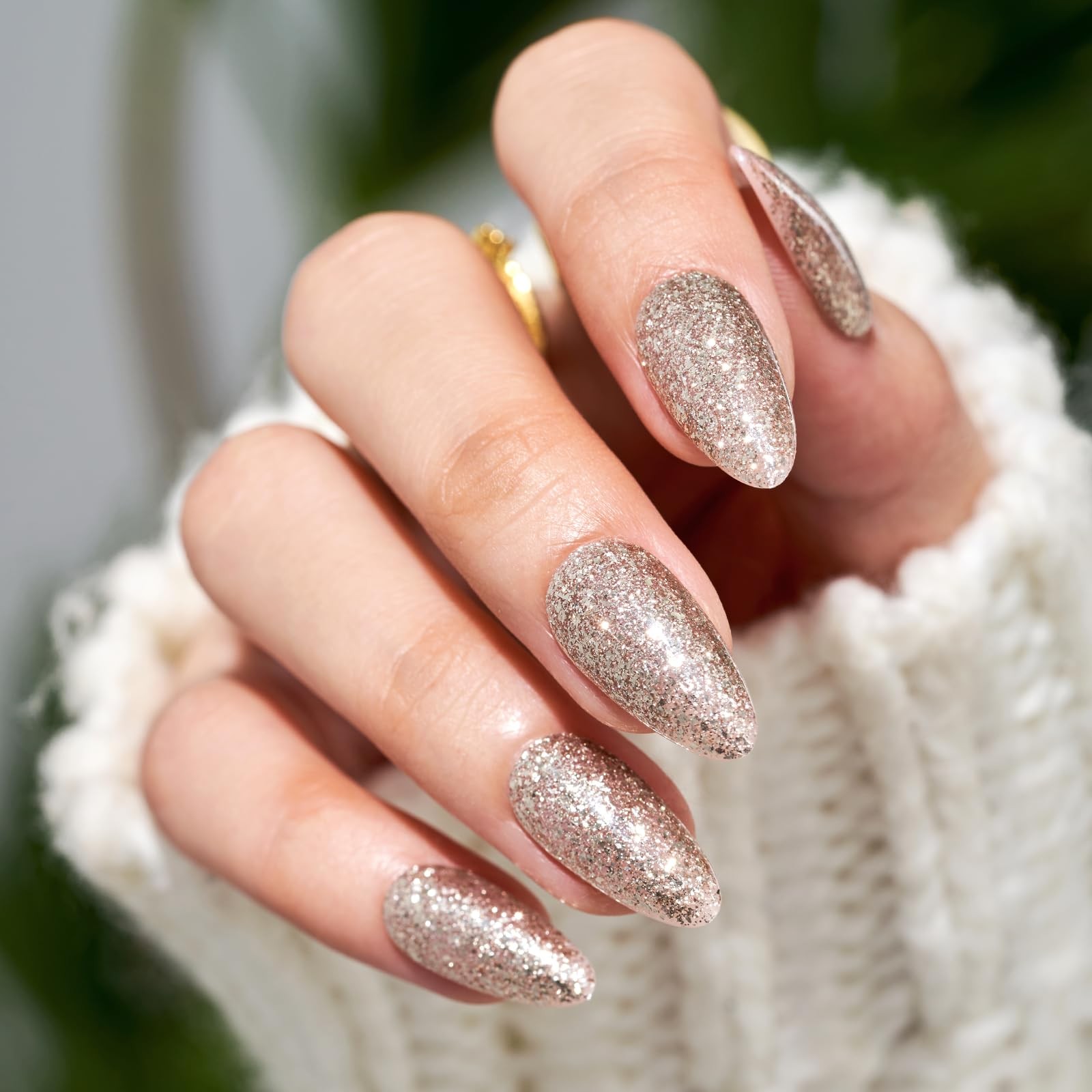 Press on Nails Medium Almond,Champagne 24 Count (Pack of 1), Champagne Gold