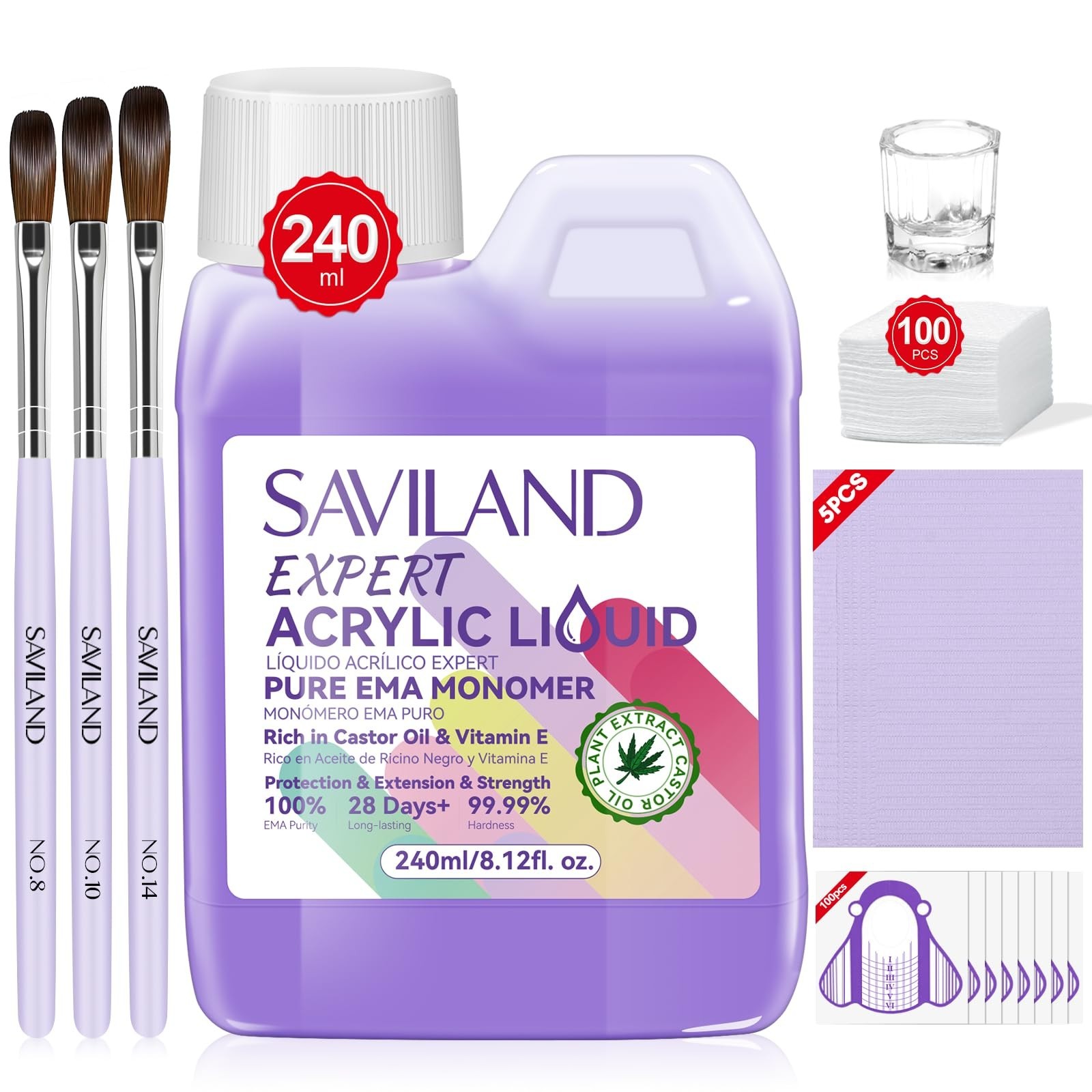Low Odor EMA Acrylic Liquid Monomer 8 OZ for Nail Art + 3 Brushes & Dappen Dish