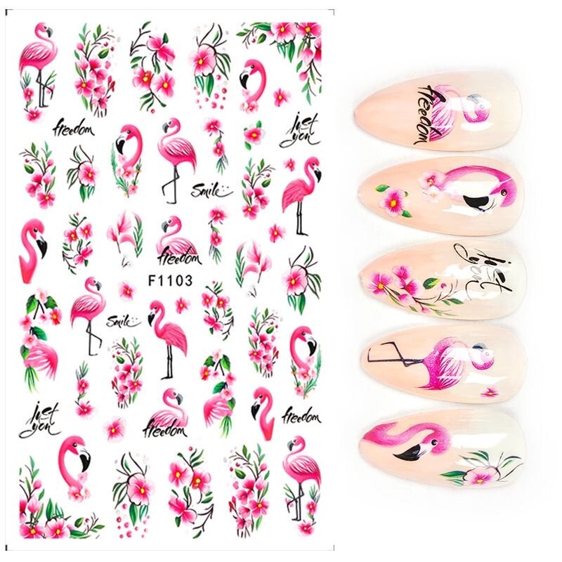 Flamingo Pink Primrose Flower Branch Love Nail Sticker Oenothera Flowers leaf