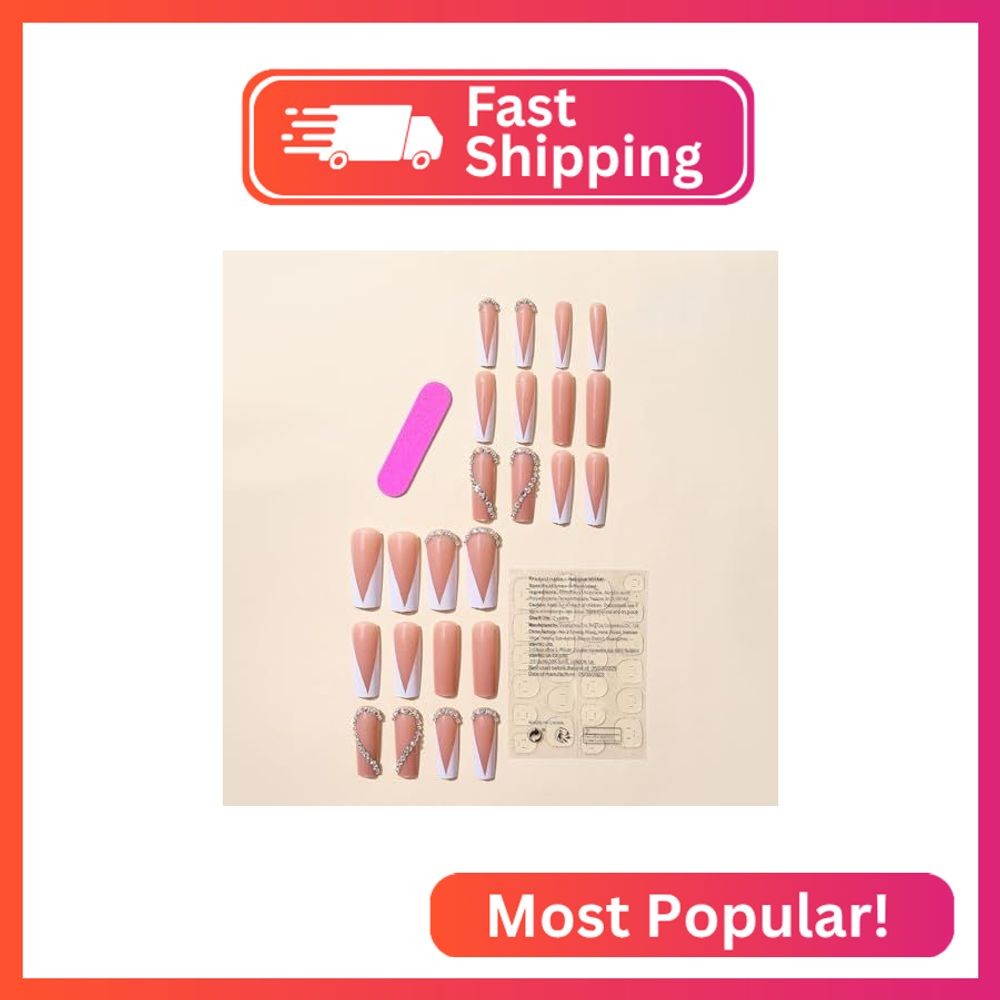 AkiliBIELY Square Press on Nails Medium Long French Tip White Pink Bare Fake Nai