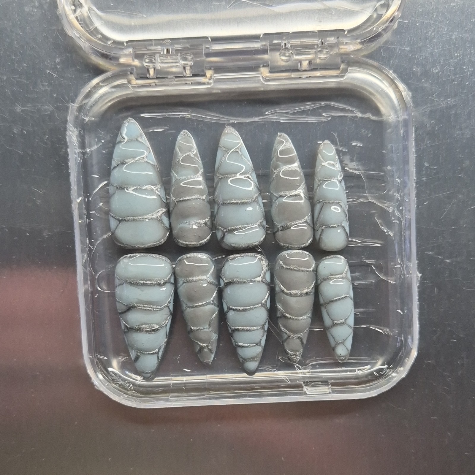 Gray Light Blue 3D Geometric Stiletto Press-On Nails Pre-Designed Full Cover Lo…