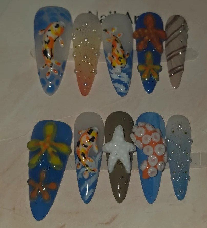 3D KOI FISH OCTOPUS TENTACLE SEA TURTLE OCEAN PRESS ON NAILS SET LARGE