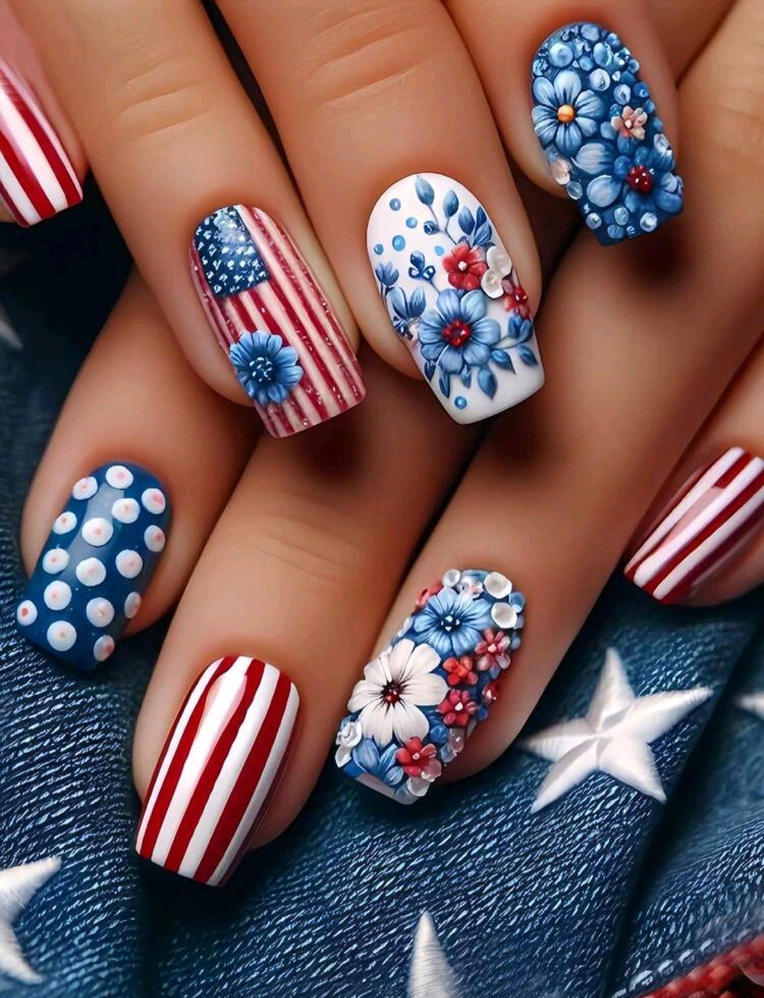 Press-On Nails Red White & Blue Americana USA Flag Short/Medium – Coffin